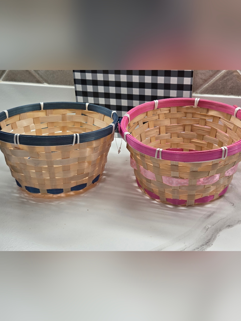 Woven Bamboo Wicker Style Basket Pair with Pink and Blue Trim